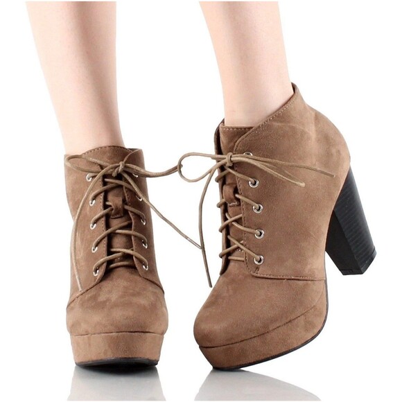 Forever Camille-86 Chunky Heel Platform Lace Up Ankle Booties Taupe SZ 8.5 NWOB - Picture 5 of 13